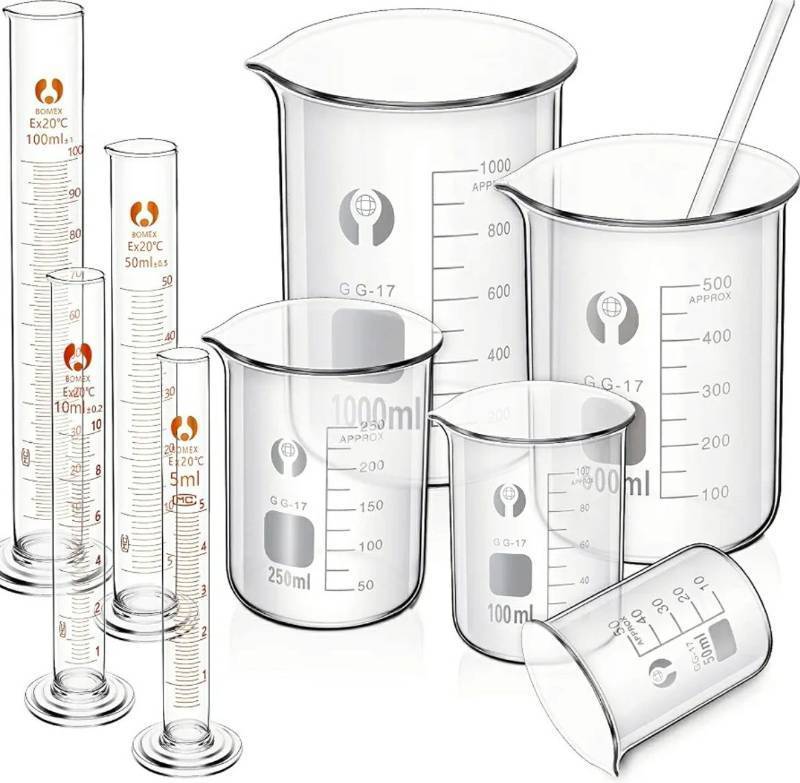 lot 38039 image: 10 Pieces Glass Measuring Beaker and Graduated Measuring Cylinder with Stirring Rod 50100 250500 1000 ml Thick Glass Beakers and 510 50100 ml Graduated Cylinders for Science Lab - Retail $27