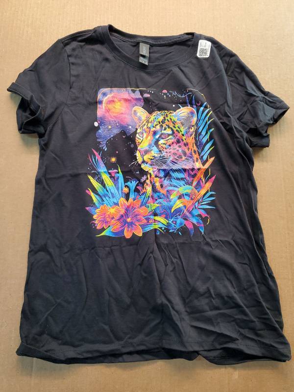 lot 38048 image: Black Graphic T-Shirt with Neon Leopard and Tropical Floral Design, M - Retail $12