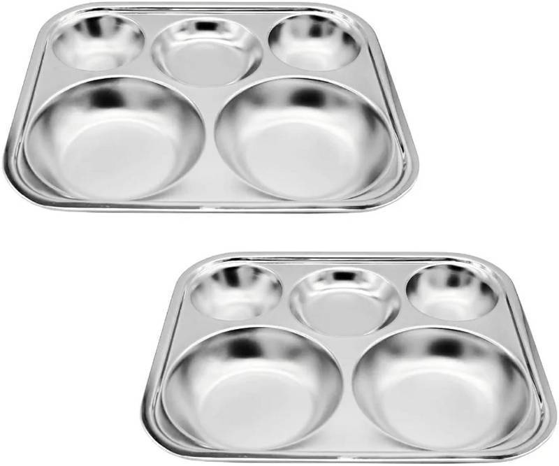 lot 17237 image: Korean Stainless Steel Divided Plates for Adults, Teens, Premium 304, Electro-Polished, No Black Residue, BPA-Free, Large 5-Compartment Food Tray, Diet Portion Control, Camping, Set of 2 - Retail $35