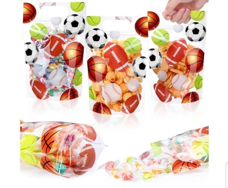 lot 17269 image: 50 Pcs Sport Gift Bags Clear Sportball Sealing Pouches with Handles Football Soccer Goodie Bags for Sport Theme Party Favor Birthday Party Candy Gift Wrap Supplies Decoration - Retail $13