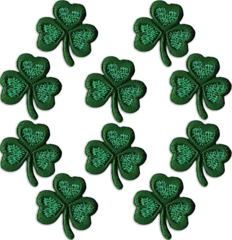 lot 63154 image: Laughing Lizards Small Shamrock Patches (10-Pack) Three Leaf Clover St. Patricks Day Iron On Appliques for Clothing, Uniforms, Hats, Backpacks, Jackets, Pants, Accessories, Etc - Retail $8