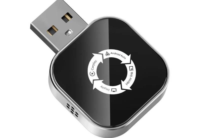 lot 27760 image: 4-in-1 Wireless CarPlay Adapter for Apple CarPlay & Android Auto & AirPlay & MirrorLink, 2026 Upgraded Screen Mirroring Mini USB Adapter with Type-C Extension, Low Latency, Plug & Play - Retail $40