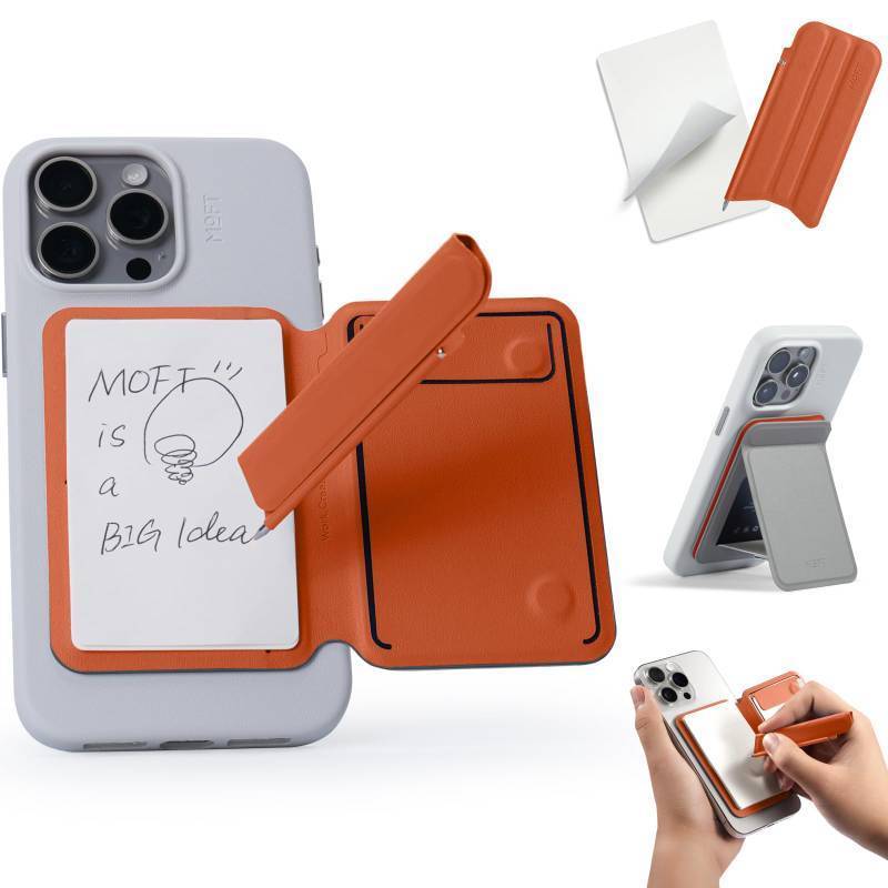 lot 27776 image: MOFT Action Inspiration MagSafe Phone Stand, Magnetic Notepad Stand Compatible with iPhone 16 Series and Other Phones with Two Types of Notepad and Magnetic Invisible Pen, Taupe  Sunrise - Retail $40