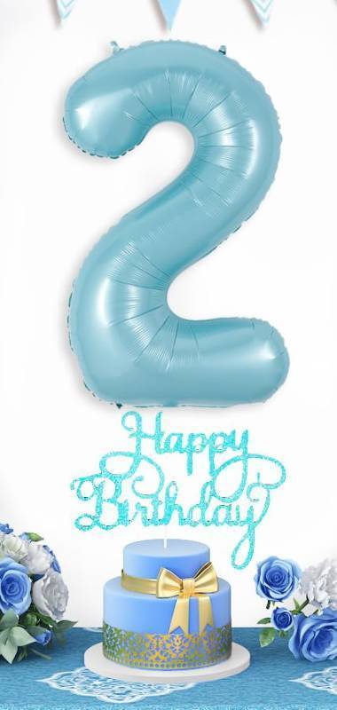 lot 27831 image: 2nd Birthday Decorations for Boys, Number 2 Foil Balloon, and Cake Topper for 2 Year Old Party - Retail $16