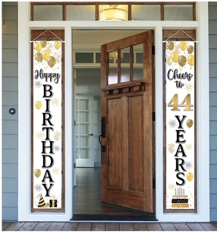 lot 27833 image: Happy 44th Birthday Decorations,44th Gold Balloon Large Birthday Hanging Banner Sign,44 Years Old Bday Party Supplies. - Retail $15