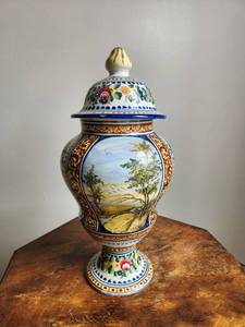 lot 102 image: Decorative Covered Urn with Lid Floral and Landscape Design 1958 Fratelli