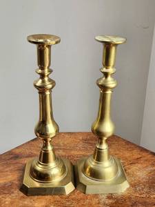 lot 111 image: Pair of Vintage Solid Brass Candlesticks  13 Tall Traditional Baluster Stem