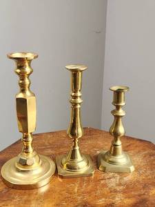 lot 112 image: Vintage Brass Candlesticks Set of 3  Assorted Heights & Styles, Harvin