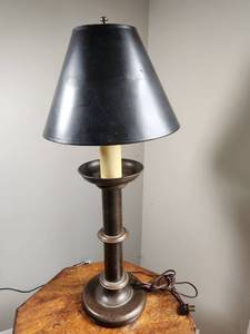 lot 114 image: Vintage Stiffel Style Bronze Candlestick Table Lamp with Dual Pull Chain Sockets & Black Shade