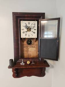 lot 115 image: Antique Seth Thomas Ogee Weight-Driven WallShelf Clock - 19th C. Original Label & Weights