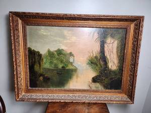 lot 119 image: Antique Late 19thEarly 20th Century Tropical River Landscape Oil Painting