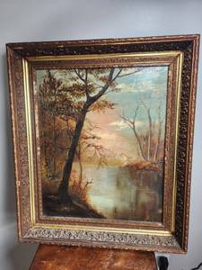 lot 120 image: Antique Late 19thEarly 20th Century Autumn River Landscape Oil Painting Signed
