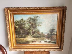 lot 121 image: Antique Late 19th Century Bucolic River Landscape Oil Painting