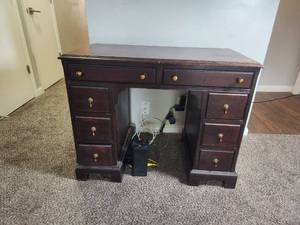 lot 128 image: Wooden Pedestal Desk with Mirror and Multiple Drawers