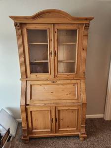 lot 137 image: Vintage European-Style Knotty Pine Secretary Desk & Hutch