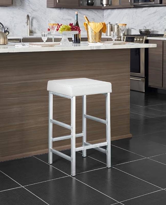lot 20101 image: 26  Backless Stool in White Fabric with Polished Chrome Legs - Retail $270