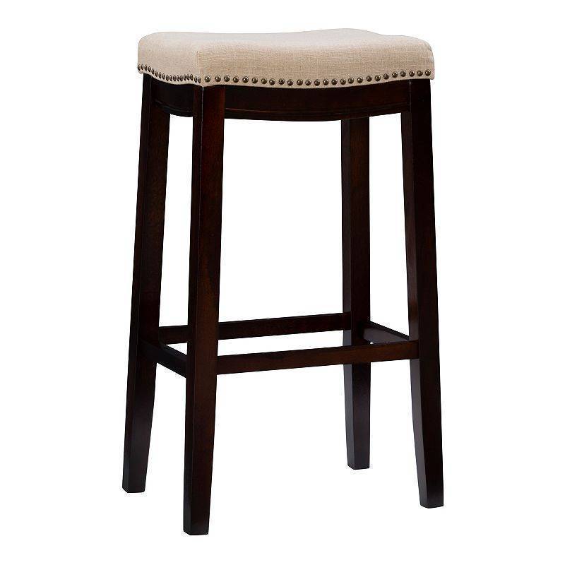 lot 19557 image: Linon Claridge Backless Nailhead Saddle Barstool Linen Upholstered, Rubberwood Legs, Fixed Height 32.25 - Retail $188