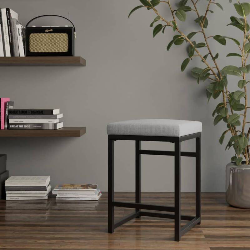 lot 20107 image: Open Back Metal Counter Stool with Fabric Upholstered Padded Seat Gray and Black - Saltoro Sherpi - Retail $165