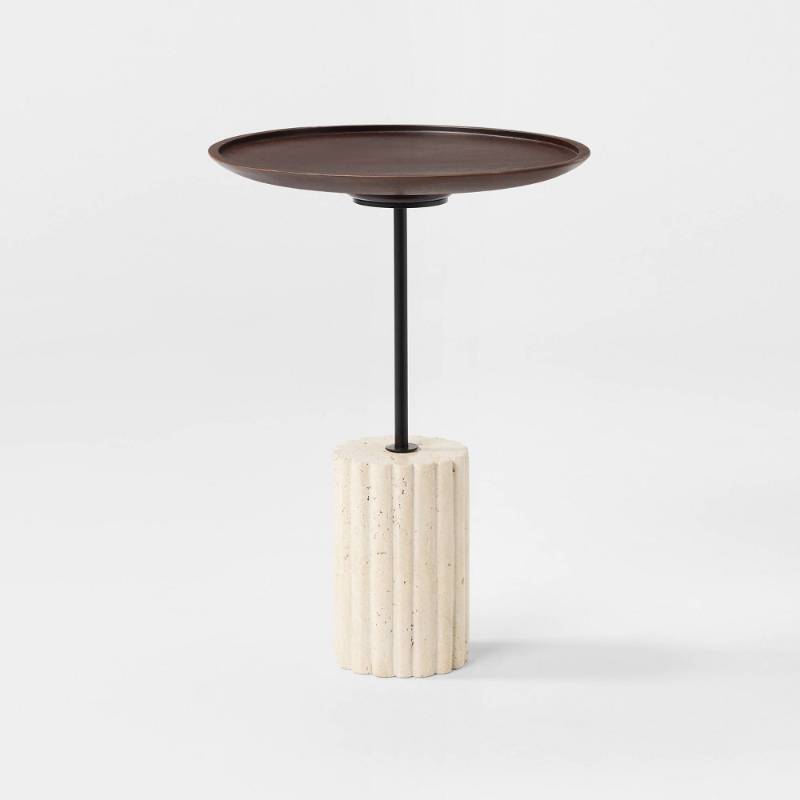 lot 20093 image: Round Side Table with Brown Top and Travertine Base - Threshold designed with Studio McGee - Retail $195