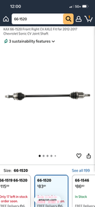 lot 17316 image: KAX 66-1520 Front Right CV Axle for 2012-2017 Chevrolet Sonic - Retail $83