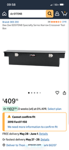 lot 17323 image: Dee Zee DZ6170NB Narrow Crossover Truck Tool Box ( box is locked and key is inside- one small dent in one end -see pics) - Retail $409
