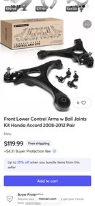 lot 17339 image: Front Lower Control Arms with Ball Joints Kit for Honda Accord 2008-2012 - Retail $120