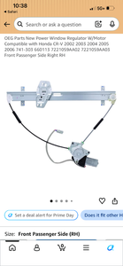 lot 17342 image: Honda CR-V Power Window Regulator with Motor �� Front Passenger Side RH - Retail $35