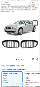 lot 17345 image: BMW 5 Series F10 Double Slat Kidney Grille Pair Gloss Black DRIVERS SIDE ONLY - Retail $28
