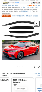 lot 17346 image: Honda Civic Sedan Window Visors Rain Guards 4-Pack (appear to have been installed but still in good shape) - Retail $35
