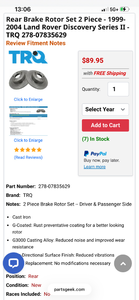 lot 17349 image: TRQ Rear Brake Rotor Set for 1999-2004 Land Rover Discovery Series II - Retail $89