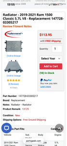 lot 17357 image: Radiator for 2019-2021 Ram 1500 Classic 5.7L V8 ( plastic side is cracked. See pics) - Retail $113