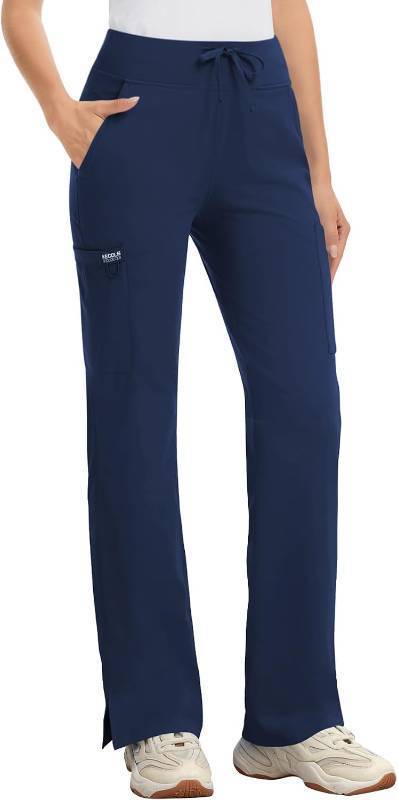 lot 491939 image: Yoga Scrub Pants Women High-Rise Straight Leg Uniform Cargo Bottom with Yoga Waistband,5 Pockets & 4-Way Stretch
