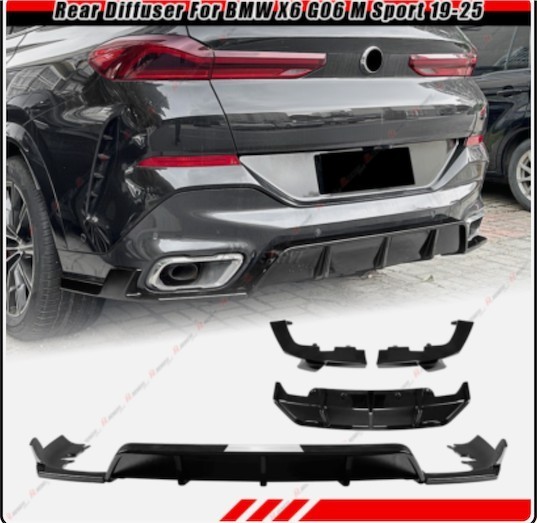 lot 271396 image: Retails for $109 Fits 2019-2026 BMW G06 X6 M Sport MP Style Gloss Black Rear Diffuser ABS 3PCS