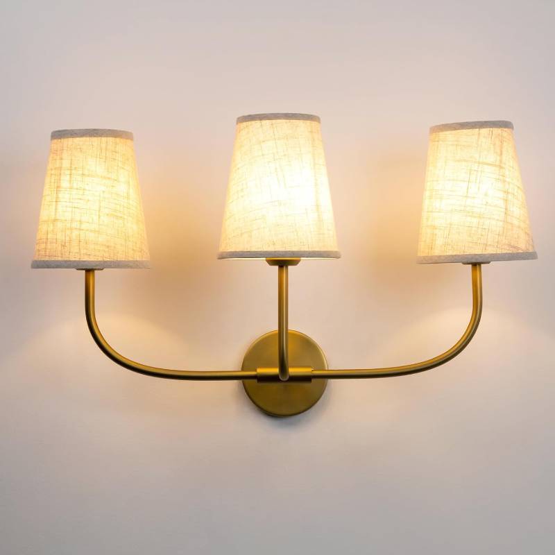 lot 101632 image: Retails for $150 Pathson 3 Lights Brass Wall Sconce Lamps with Linen Fabric Lampshade, Vintage Fabric Bathroom Wall Light Fixtures, E26 Bulb Base Wall Vanity Lighting Decor for Bedroom Living Room