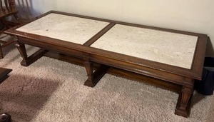 lot 908 image: Marble top wood coffee table 16 x 66 x 24 in (located in basement)