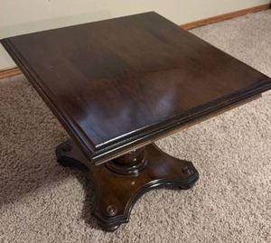 lot 909 image: Small wooden end table 16 x 20 x 20 in (located in basement)