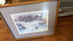 lot 1022 image: Framed, limited-edition lithograph print of Quail in a winter landscape by artist Robert Carver pencil signed and numbered 582650 23x27