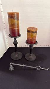 lot 1030 image: Pottery Barn candlestick holders, candles and snuffer