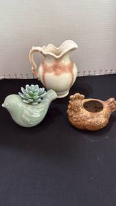 lot 1036 image: Ceramic pitcher and 2 plant holders