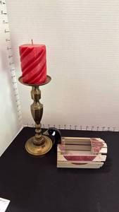 lot 1040 image: Solid brass candleholder and wood duck holder