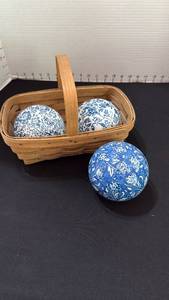 lot 1042 image: Longaberger basket signed and decorative glass balls