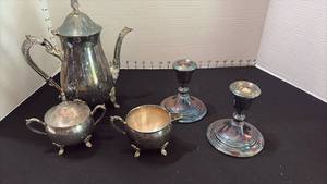 lot 1056 image: Sliver Plate, Tea Set, and 2 Candle Holders