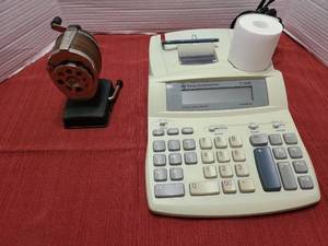 lot 1220 image: Texas Instruments TI-5640 2-Color Ribbon Printer Calculator with Boston Pencil Sharpener