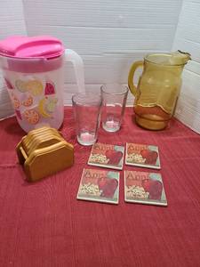 lot 1227 image: Glass and plastic pitchers, drinking glasses, coasters.