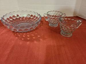 lot 2004 image: Anchor Hocking bubble pattern serving bowl, sugar and creamer