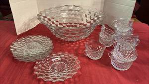 lot 2029 image: American Fostoria Punch Bowl with Plates and Cups 16 Pieces