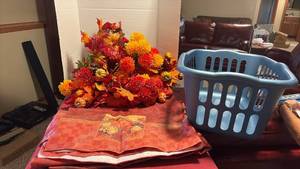 lot 2040 image: Fall Faux Flowers, Table Cloth, and Laundry Basket