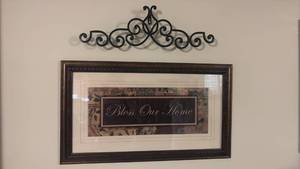 lot 2046 image: Wall Decor 16x28in and Metal Scroll Work 21in wide
