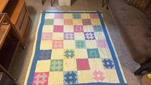 lot 2110 image: Hand and Machine Stitched Summer Quilt with Minor Stains 82x64in