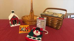 lot 2129 image: Animated Music Box, Snowman Bag, Glimmer String Lights, Snowman Woven Basket, Wooden Soldiers Book